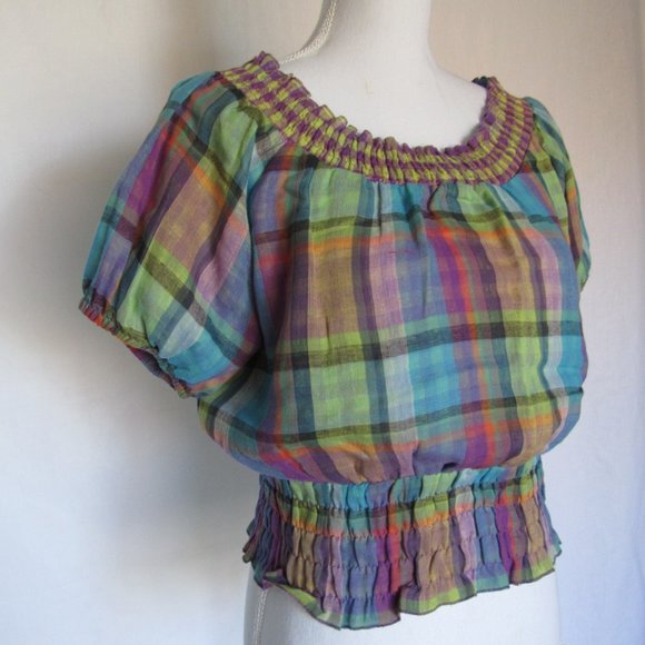 New Voice Woman’s Girl’s Fashion Multicolored Plaid Print Short Sleeves Top L - Picture 2 of 11